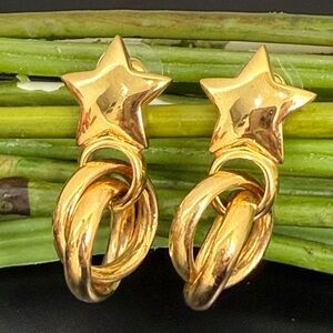 Unsigned Gold-tone Star Interlocking Rings Drop Dangle Earrings 17g.